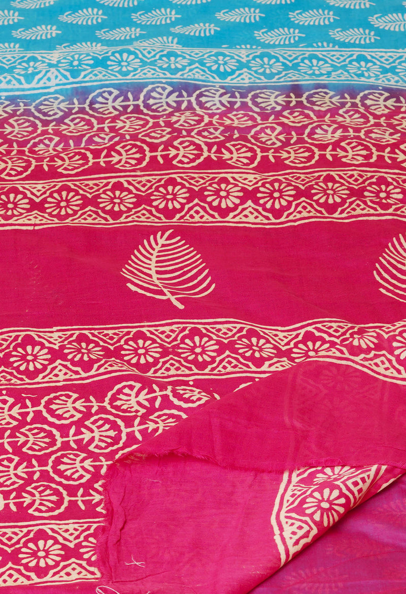 Blue-Pink Pure  Contrast Dye Discharge Hand Block Printed Superfine Mulmul Cotton Saree-UNM73095