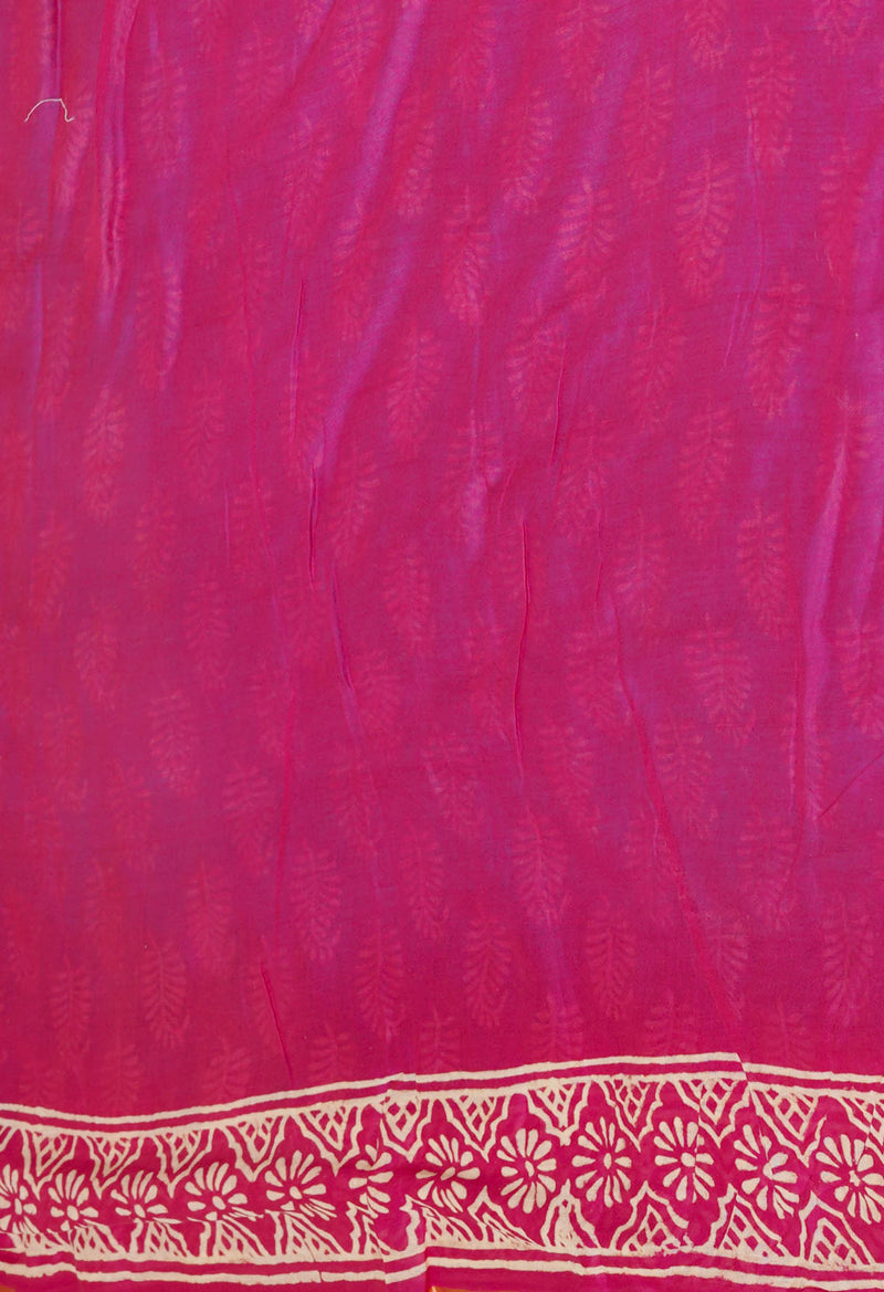 Blue-Pink Pure  Contrast Dye Discharge Hand Block Printed Superfine Mulmul Cotton Saree-UNM73095