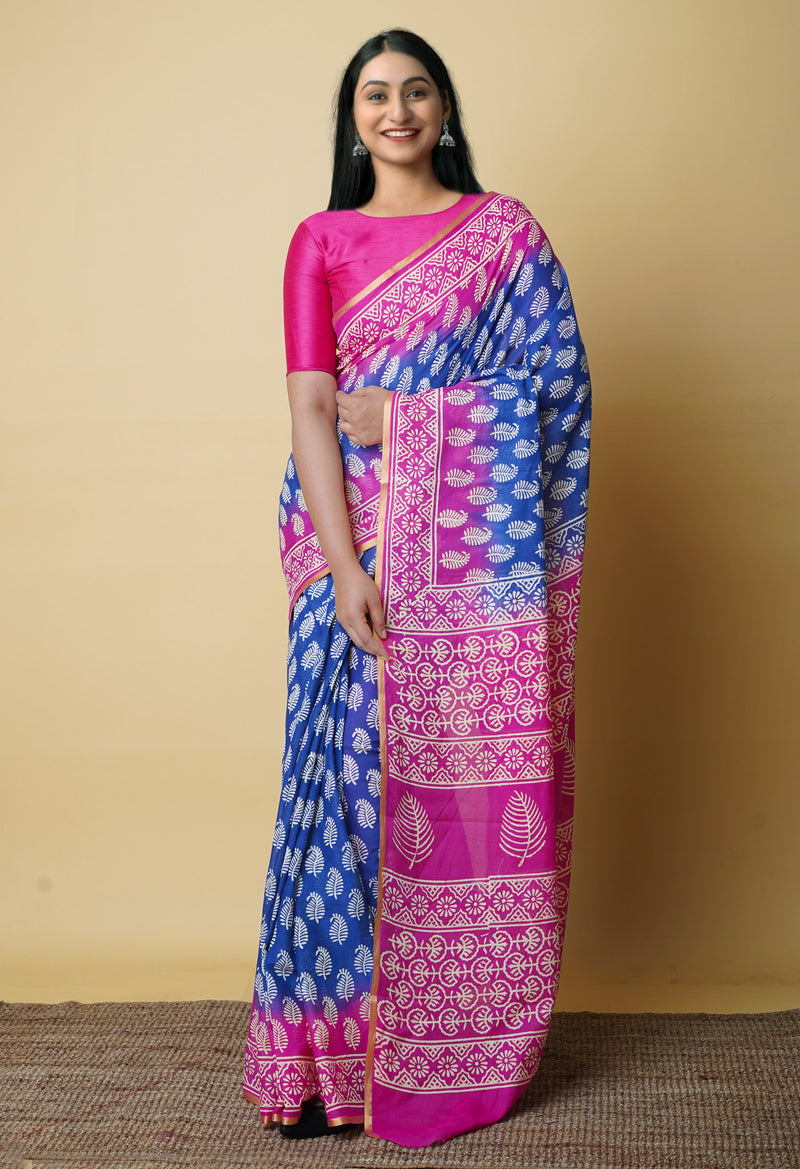 Dark Blue-Pink Pure  Contrast Dye Discharge Hand Block Printed Superfine Mulmul Cotton Saree-UNM73097