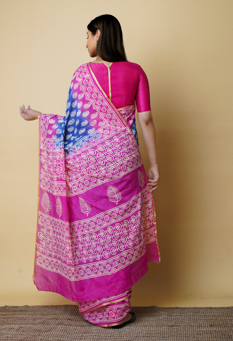 Dark Blue-Pink Pure  Contrast Dye Discharge Hand Block Printed Superfine Mulmul Cotton Saree-UNM73097