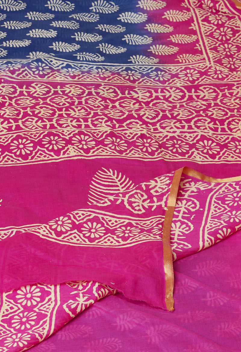 Dark Blue-Pink Pure  Contrast Dye Discharge Hand Block Printed Superfine Mulmul Cotton Saree-UNM73097