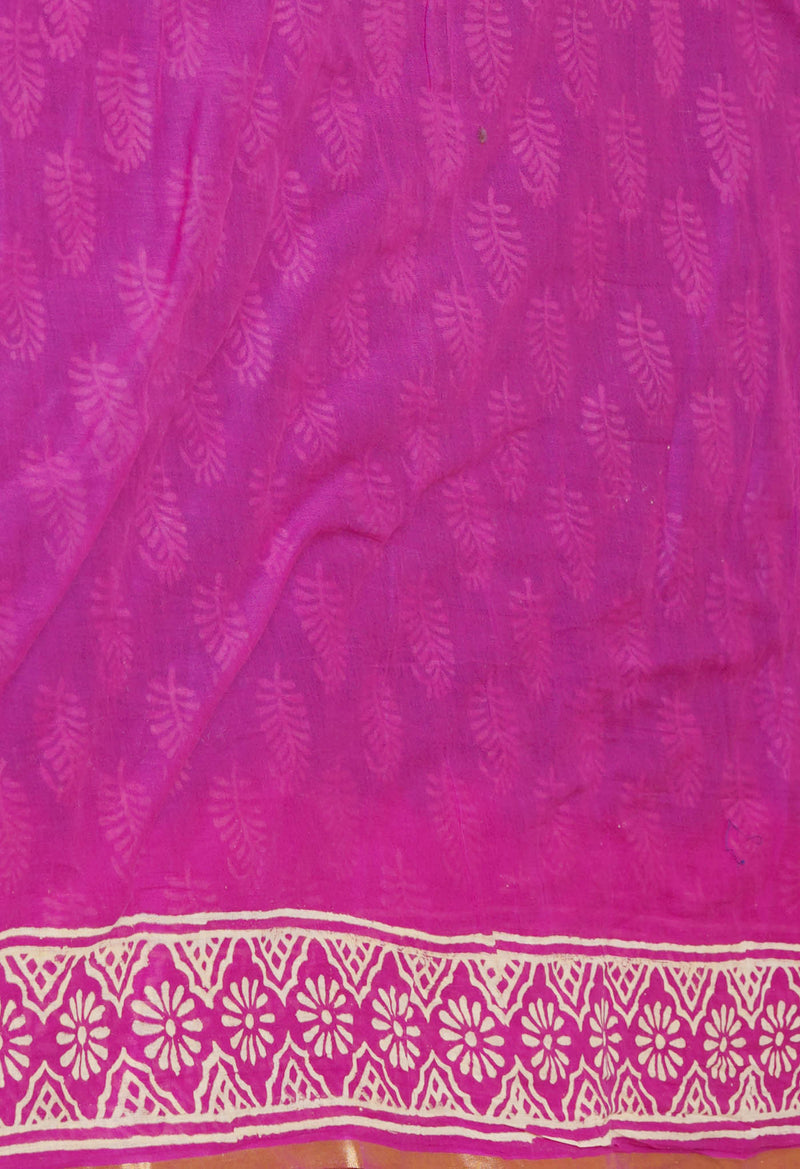 Dark Blue-Pink Pure  Contrast Dye Discharge Hand Block Printed Superfine Mulmul Cotton Saree-UNM73097