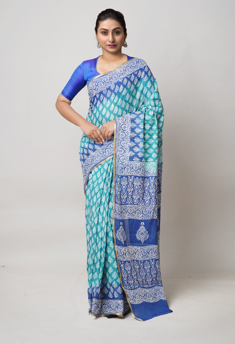 Teal Green-Blue Pure  Contrast Dye Discharge Hand Block Printed Superfine Mulmul Cotton Saree-UNM73103