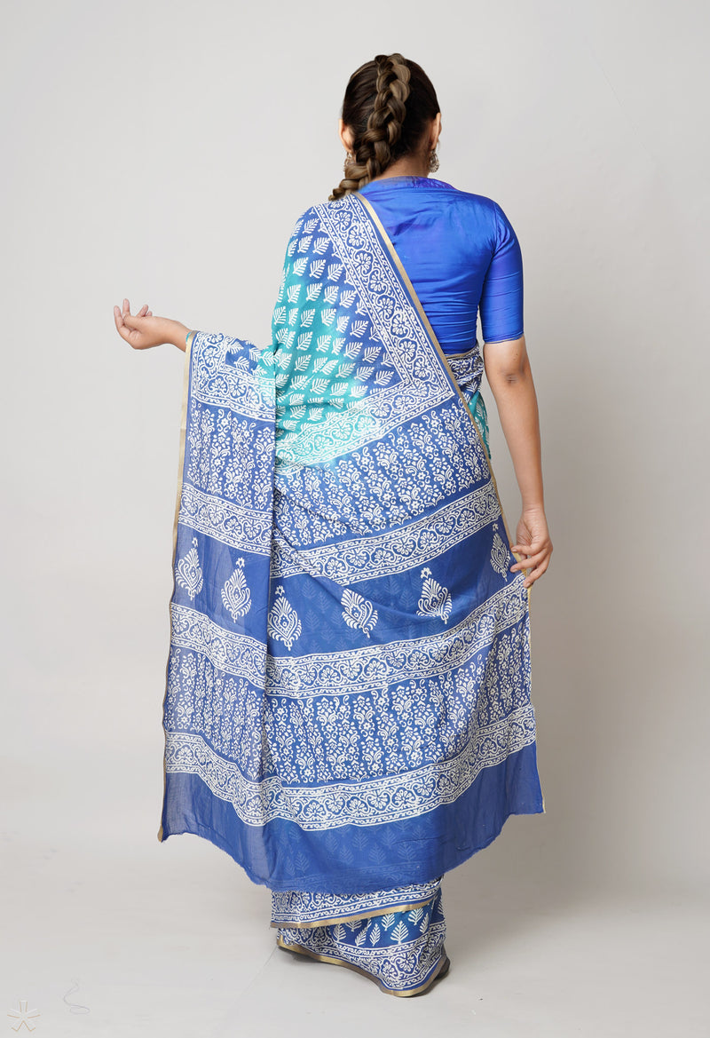 Teal Green-Blue Pure  Contrast Dye Discharge Hand Block Printed Superfine Mulmul Cotton Saree-UNM73103