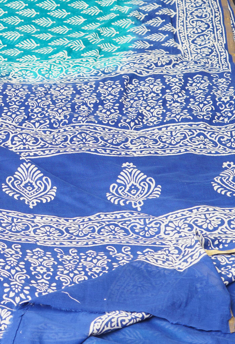Teal Green-Blue Pure  Contrast Dye Discharge Hand Block Printed Superfine Mulmul Cotton Saree-UNM73103