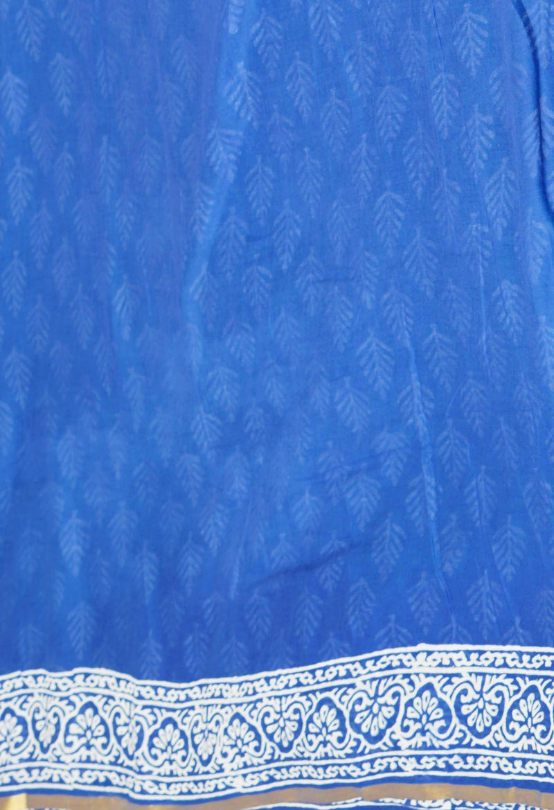 Teal Green-Blue Pure  Contrast Dye Discharge Hand Block Printed Superfine Mulmul Cotton Saree-UNM73103