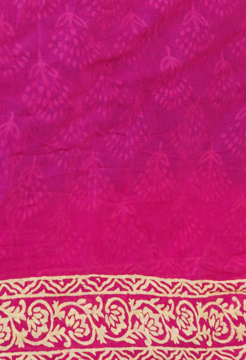 Dark Blue-Pink Pure  Contrast Dye Discharge Hand Block Printed Superfine Mulmul Cotton Saree-UNM73105