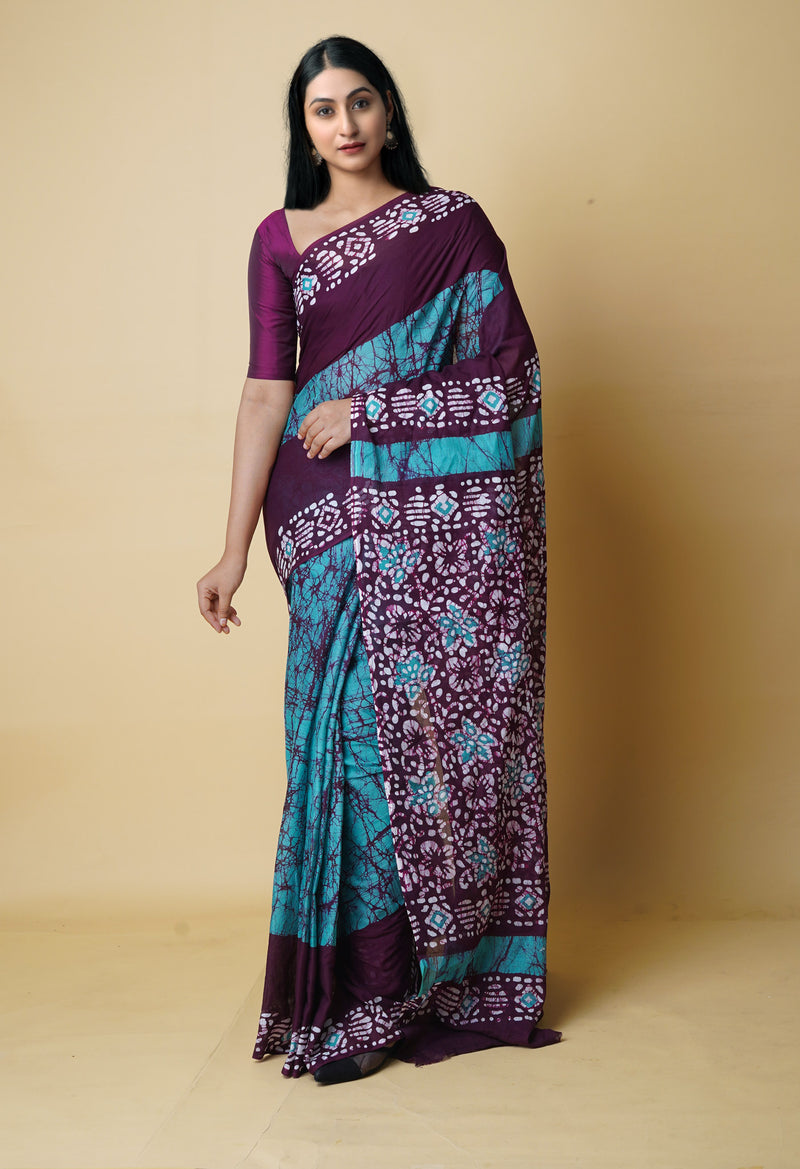 Burgundy-Teal Green Pure  Hand Batik Mulmul Cotton Saree-UNM73126