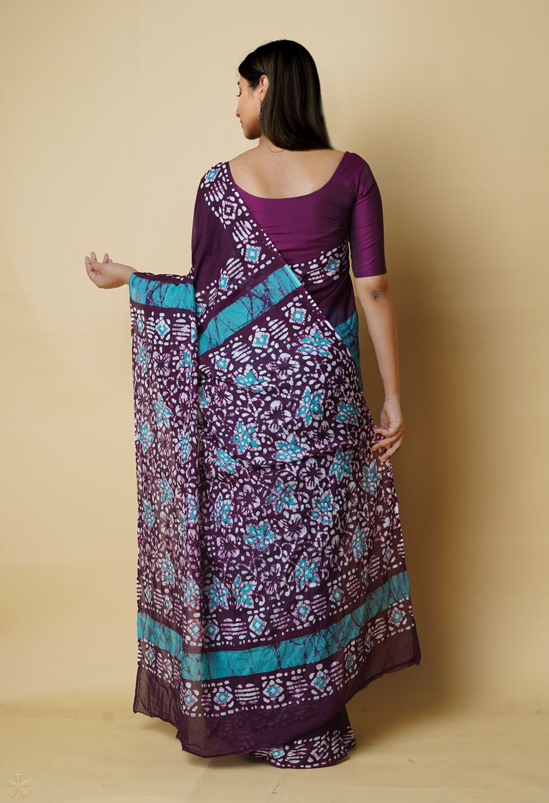 Burgundy-Teal Green Pure  Hand Batik Mulmul Cotton Saree-UNM73126