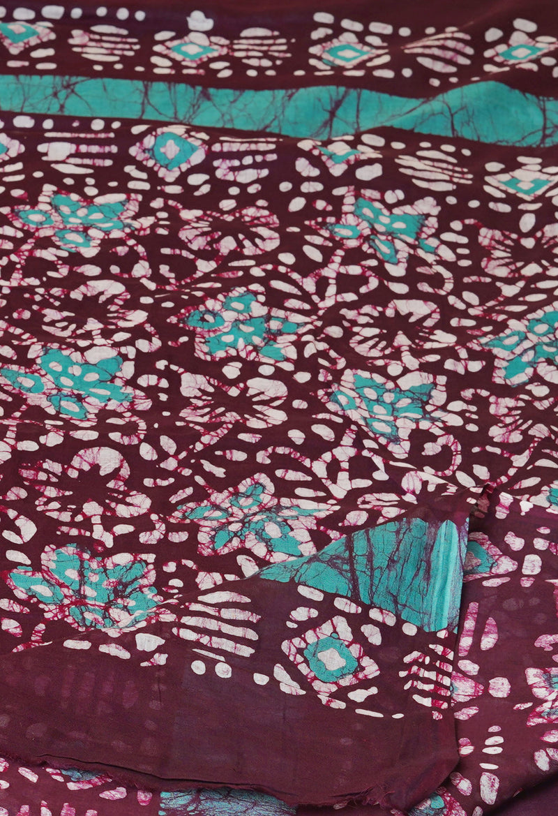 Burgundy-Teal Green Pure  Hand Batik Mulmul Cotton Saree-UNM73126