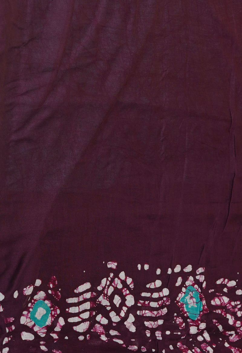 Burgundy-Teal Green Pure  Hand Batik Mulmul Cotton Saree-UNM73126