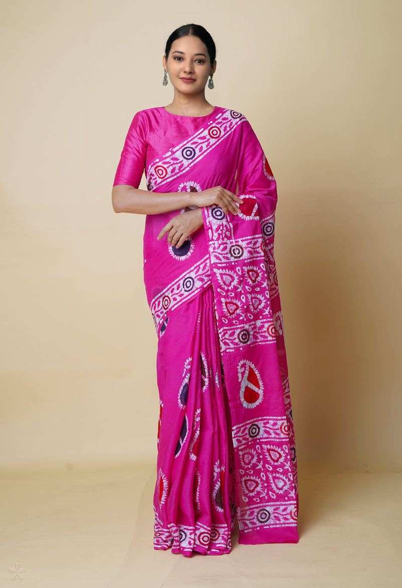 Pink Pure  Hand Batik Mulmul Cotton Saree-UNM73127