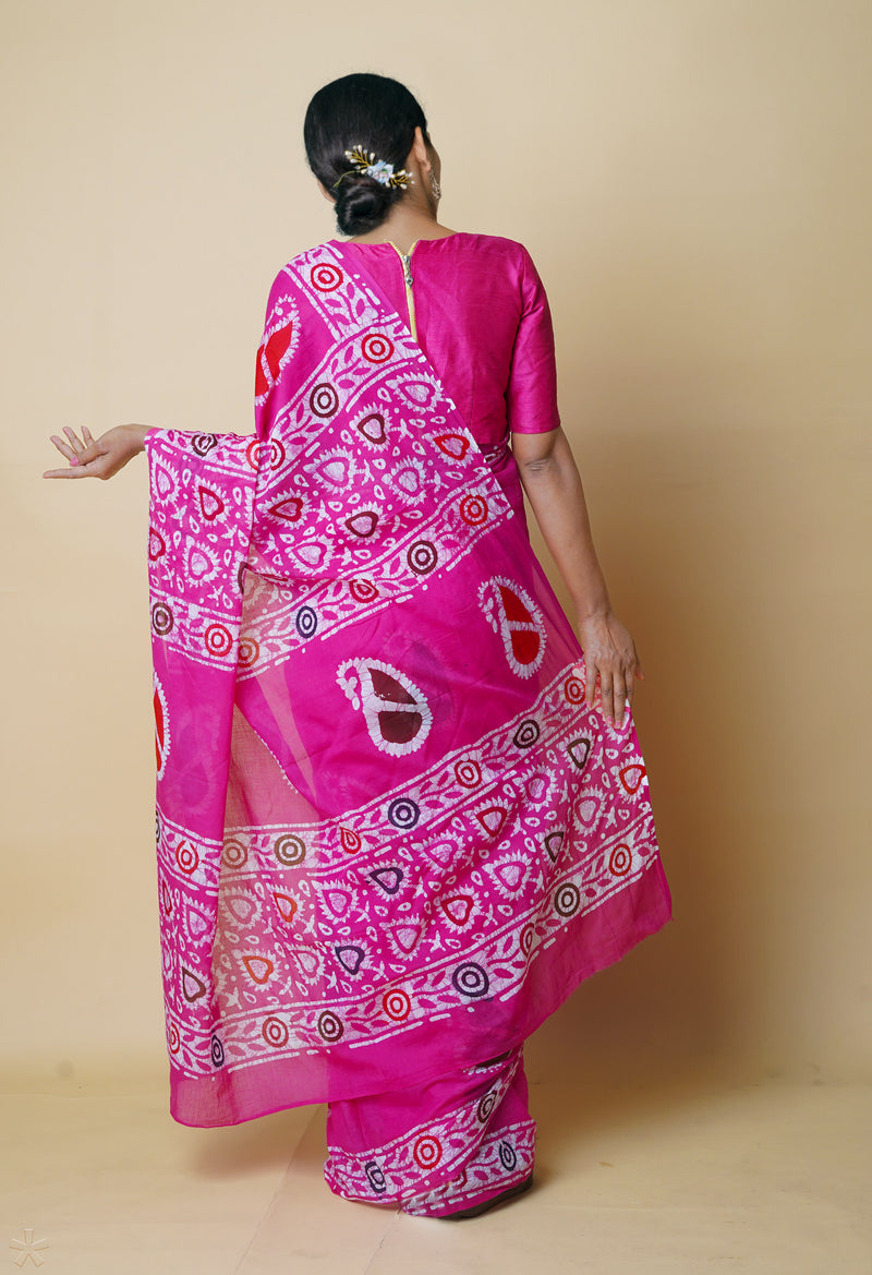Pink Pure  Hand Batik Mulmul Cotton Saree-UNM73127