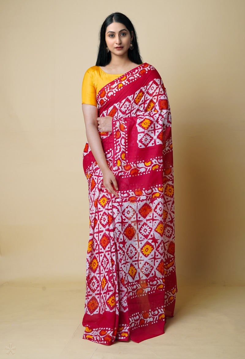 Ivory-Red Pure  Hand Batik Mulmul Cotton Saree-UNM73130