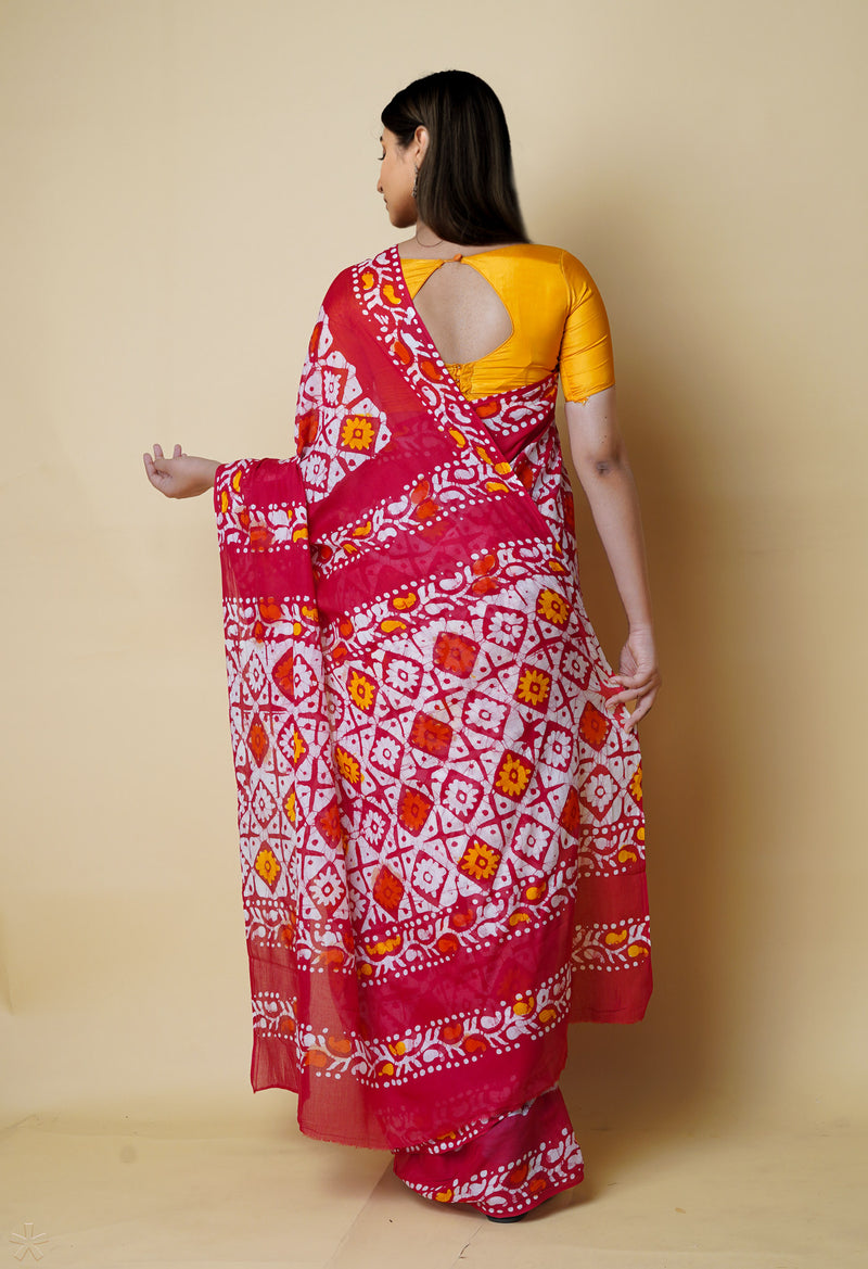 Ivory-Red Pure  Hand Batik Mulmul Cotton Saree-UNM73130