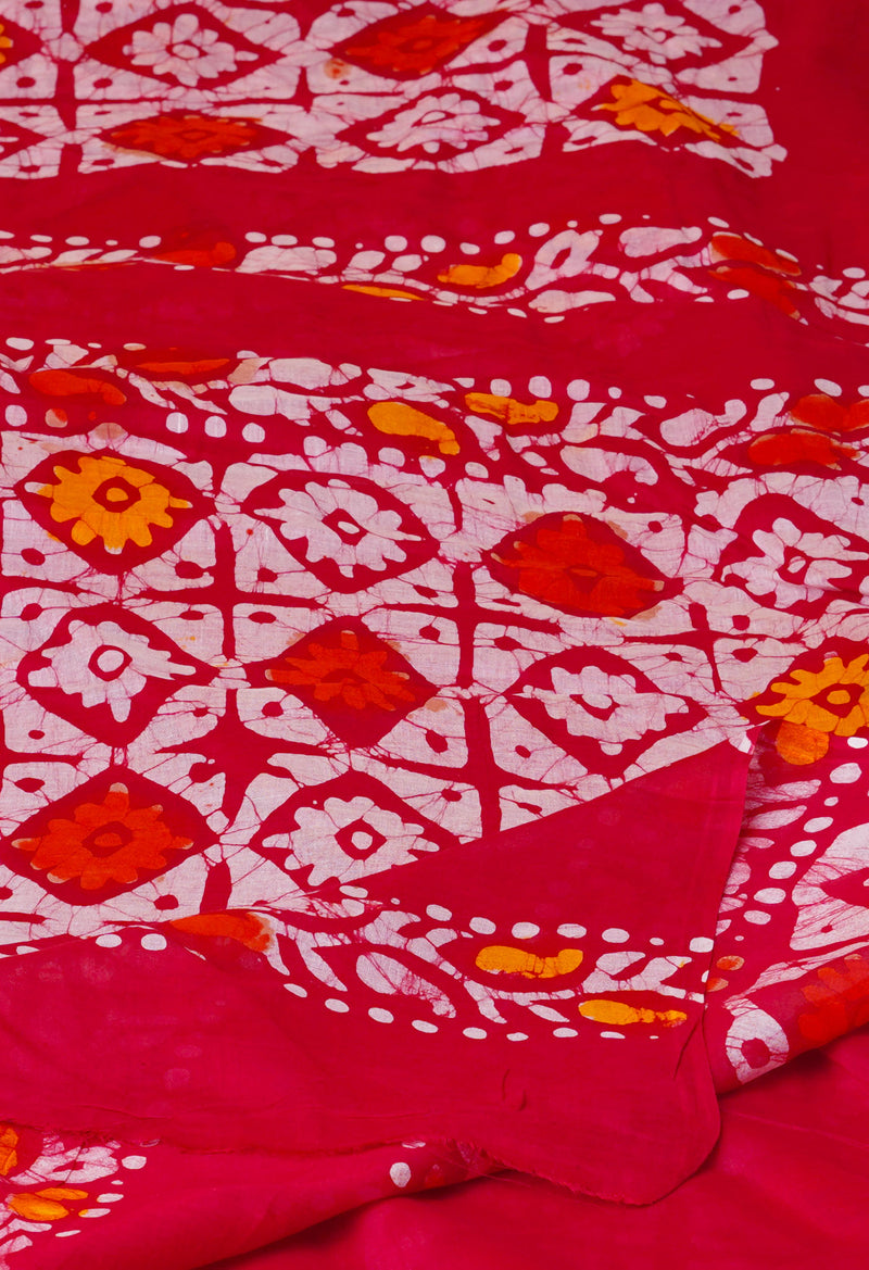 Ivory-Red Pure  Hand Batik Mulmul Cotton Saree-UNM73130