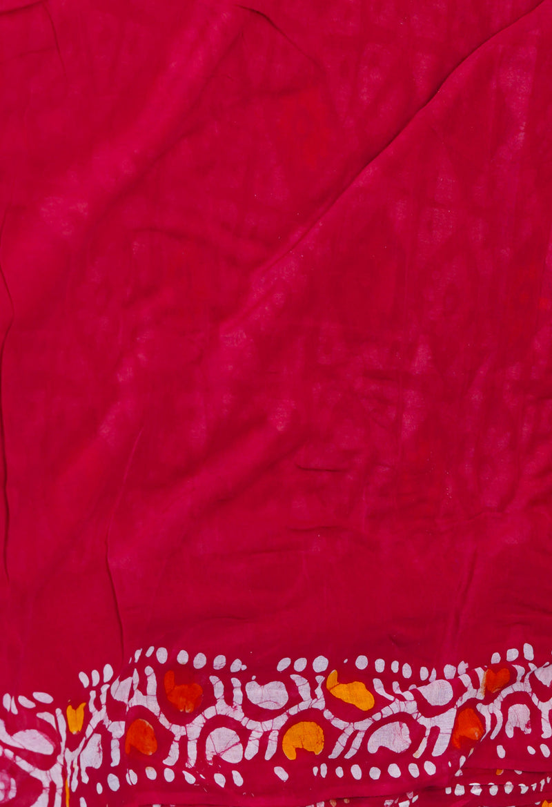 Ivory-Red Pure  Hand Batik Mulmul Cotton Saree-UNM73130