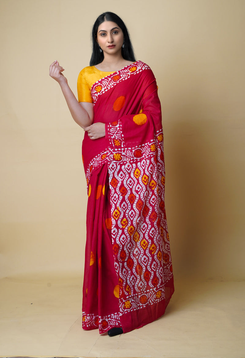 Red Pure  Hand Batik Mulmul Cotton Saree-UNM73131