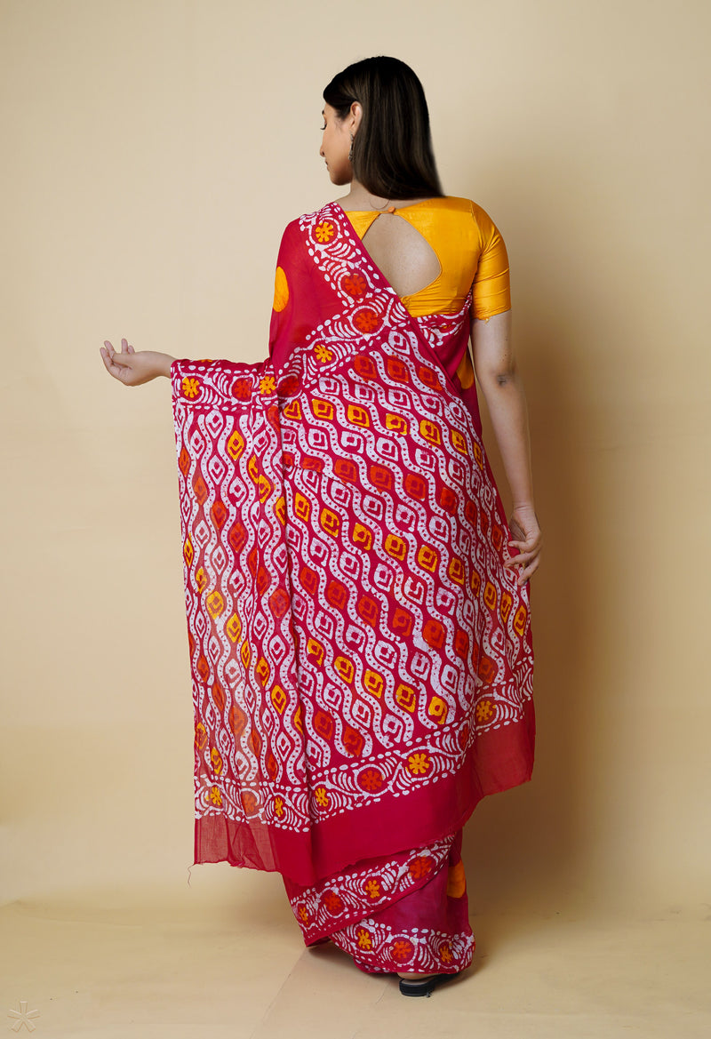 Red Pure  Hand Batik Mulmul Cotton Saree-UNM73131
