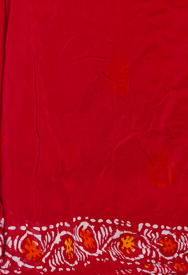 Red Pure  Hand Batik Mulmul Cotton Saree-UNM73131