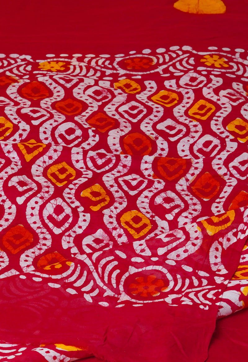 Red Pure  Hand Batik Mulmul Cotton Saree-UNM73131