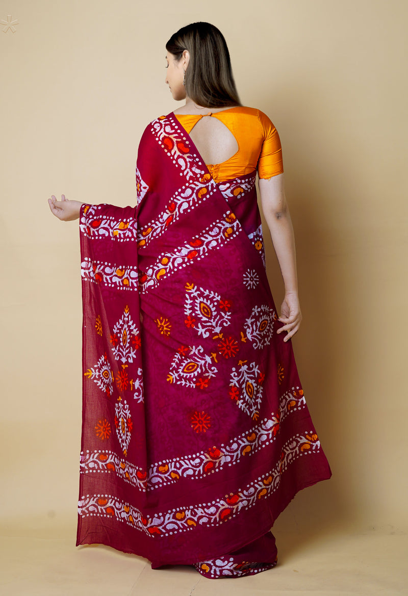 Maroon Pure  Hand Batik Mulmul Cotton Saree-UNM73132