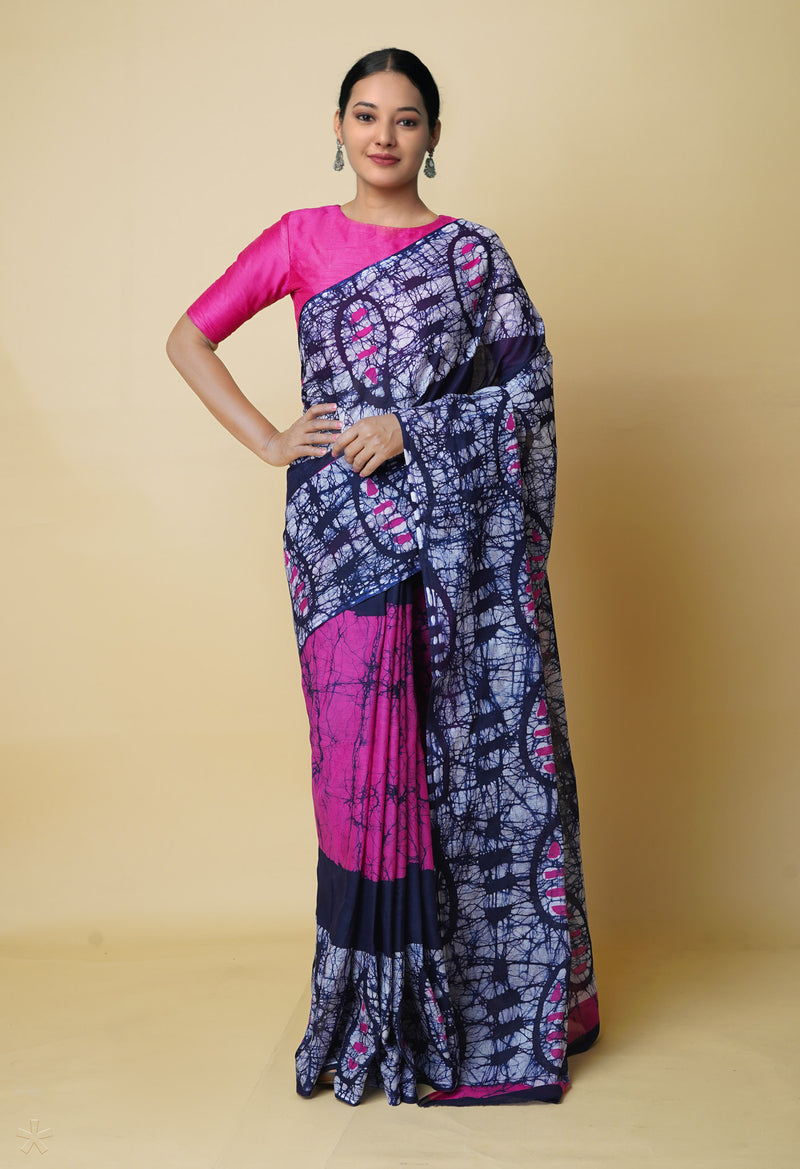 Navy Blue Pure  Hand Batik Mulmul Cotton Saree-UNM73137