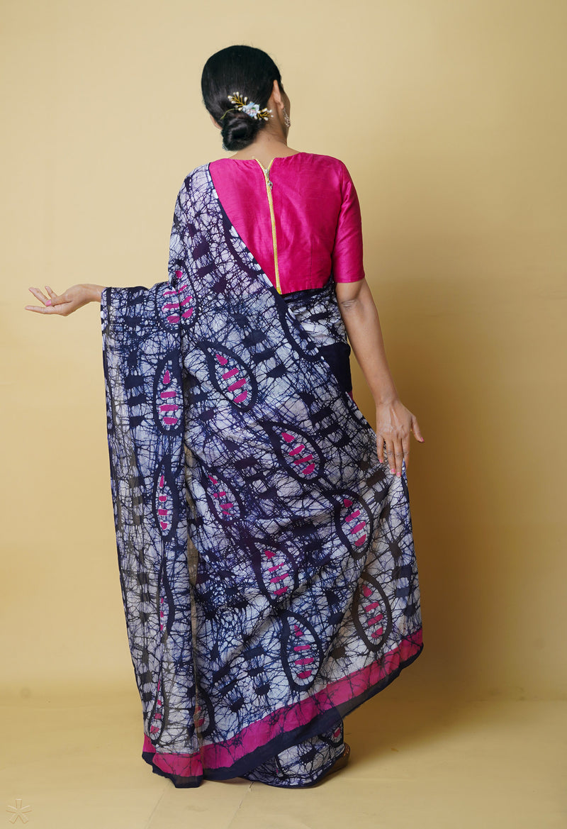 Navy Blue Pure  Hand Batik Mulmul Cotton Saree-UNM73137