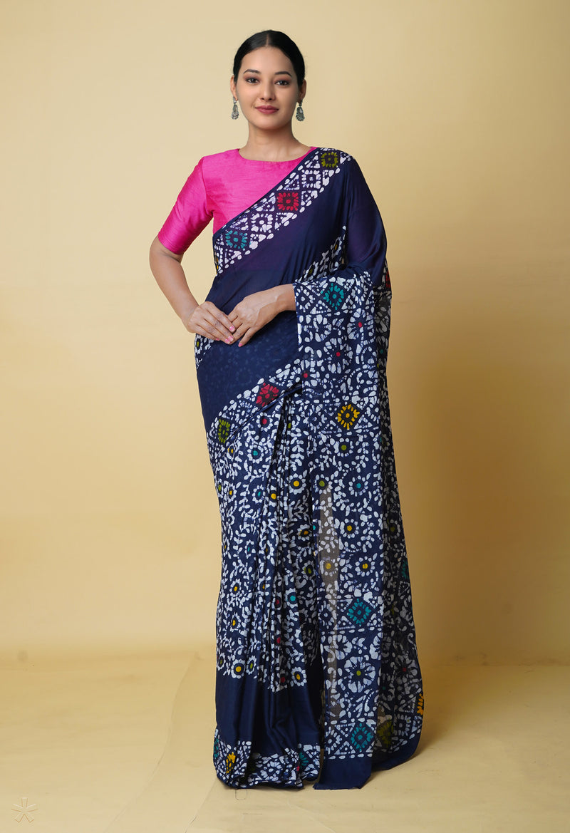 Navy Blue Pure  Hand Batik Mulmul Cotton Saree-UNM73138