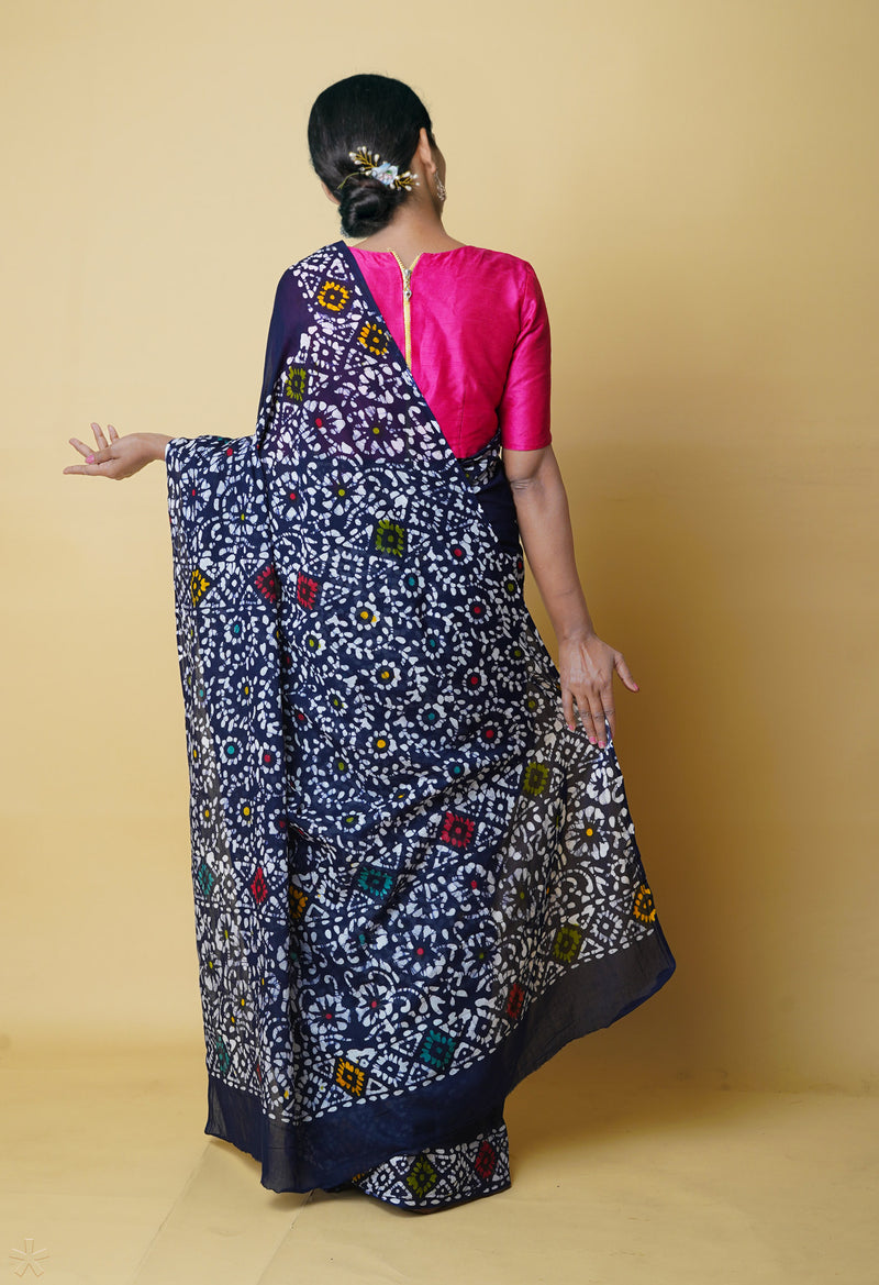 Navy Blue Pure  Hand Batik Mulmul Cotton Saree-UNM73138