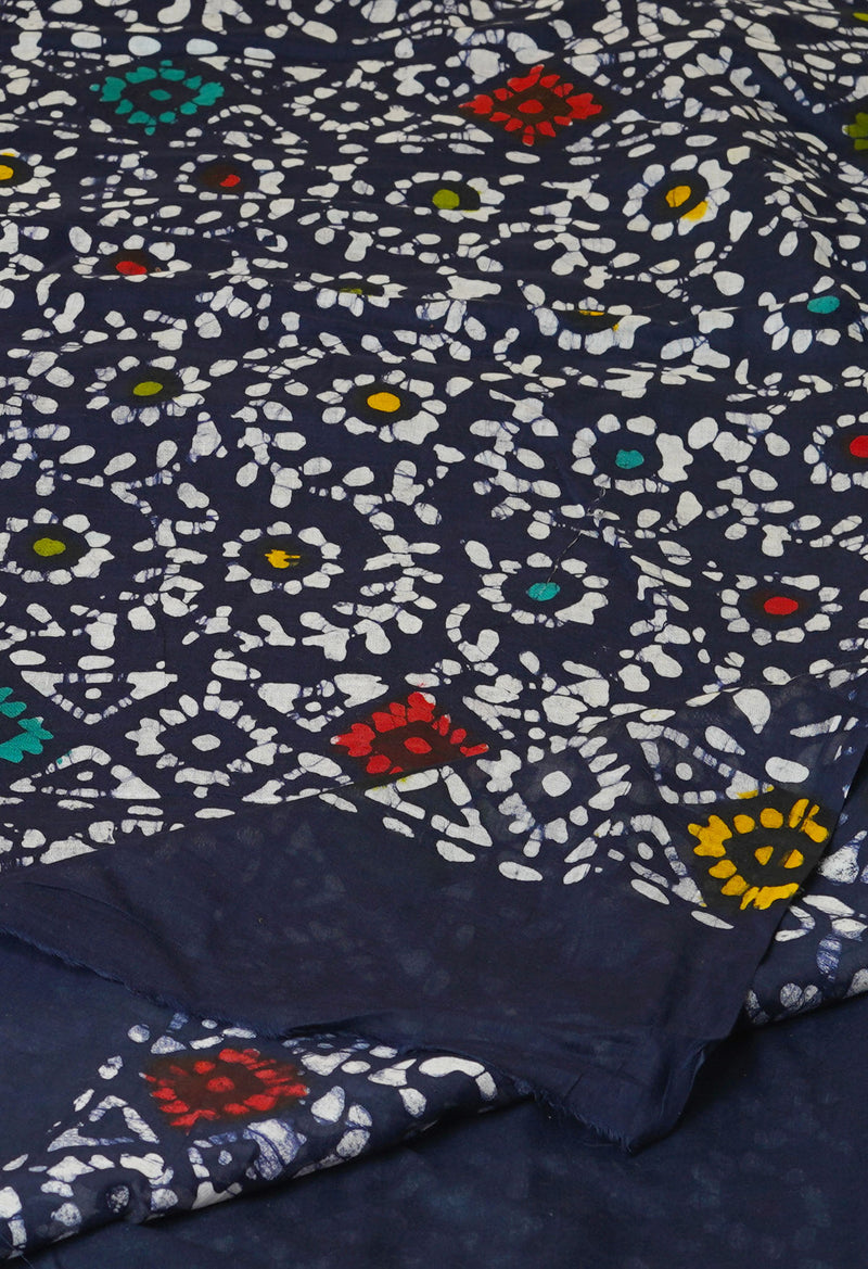 Navy Blue Pure  Hand Batik Mulmul Cotton Saree-UNM73138