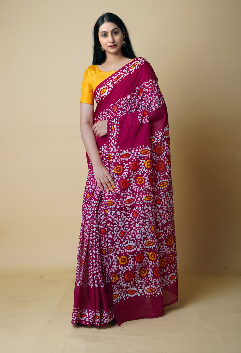 Maroon Pure  Hand Batik Mulmul Cotton Saree-UNM73139
