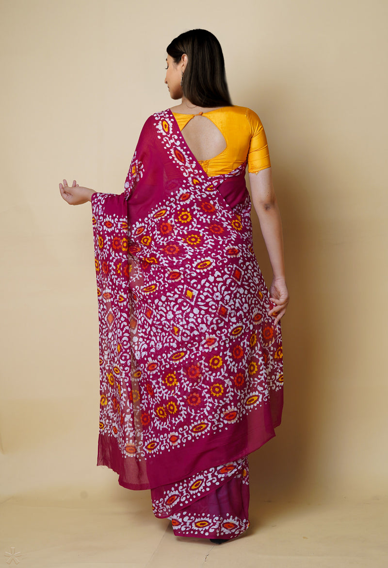 Maroon Pure  Hand Batik Mulmul Cotton Saree-UNM73139