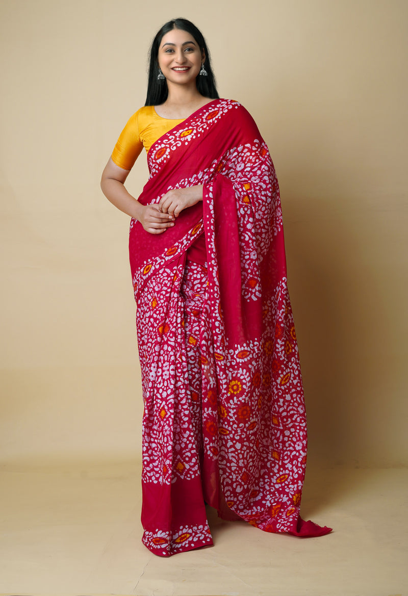 Red Pure  Hand Batik Mulmul Cotton Saree-UNM73141