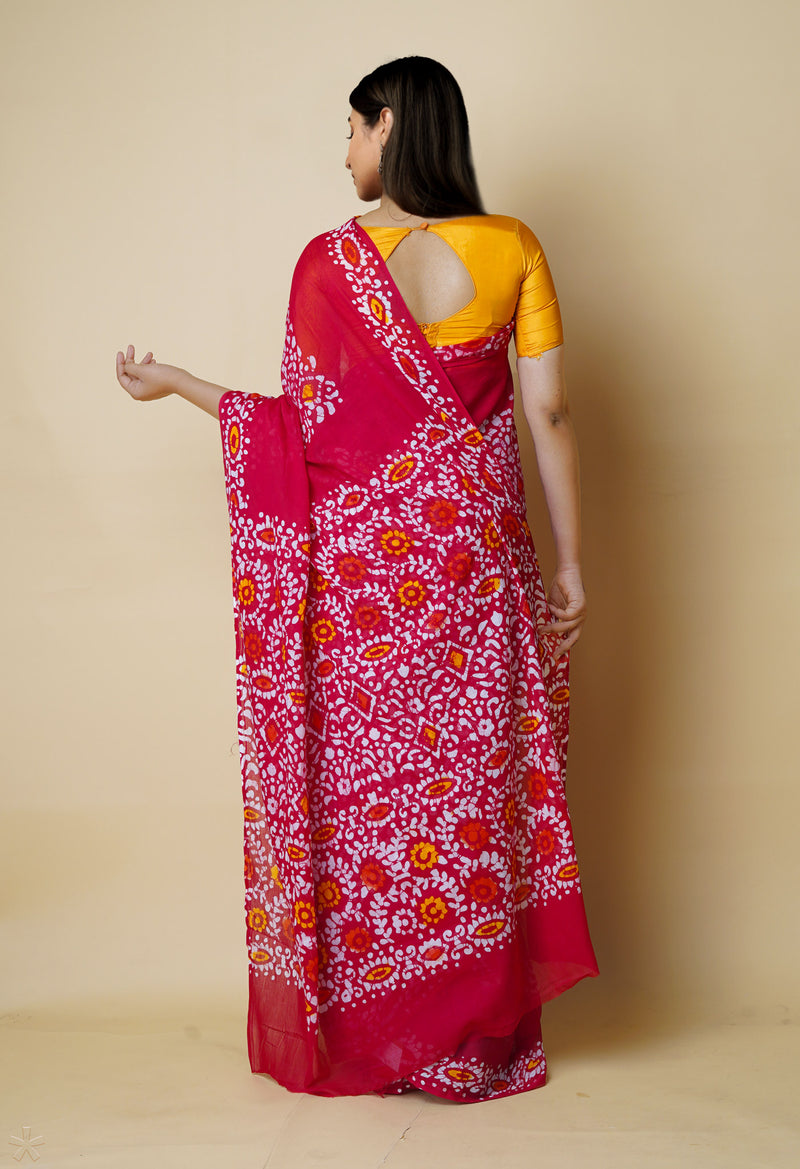 Red Pure  Hand Batik Mulmul Cotton Saree-UNM73141