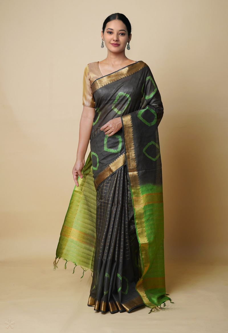 Dark Green-Green  Dyed Printed And Zari Weaving Checks Mangalagiri Sico Saree-UNM73142