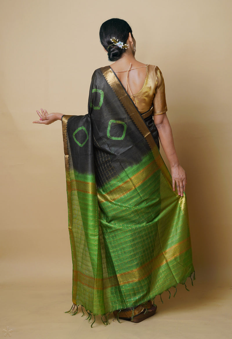 Dark Green-Green  Dyed Printed And Zari Weaving Checks Mangalagiri Sico Saree-UNM73142