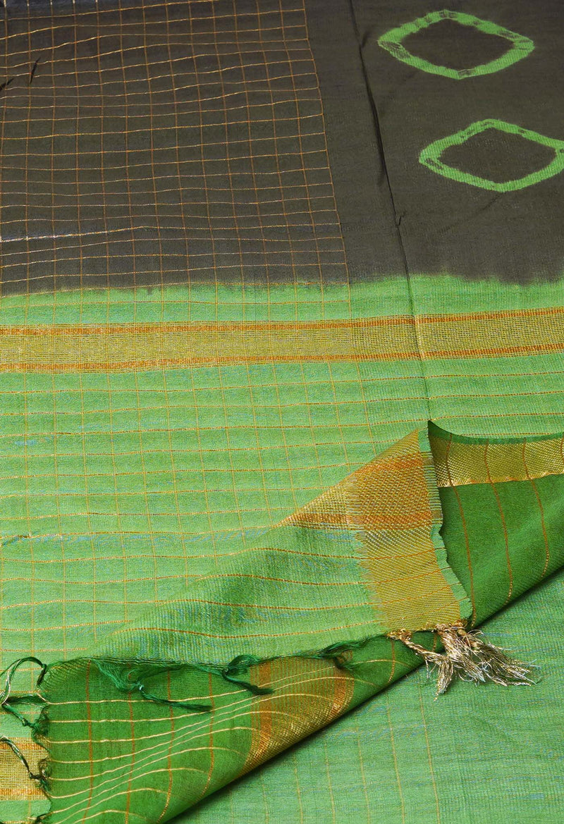 Dark Green-Green  Dyed Printed And Zari Weaving Checks Mangalagiri Sico Saree-UNM73142