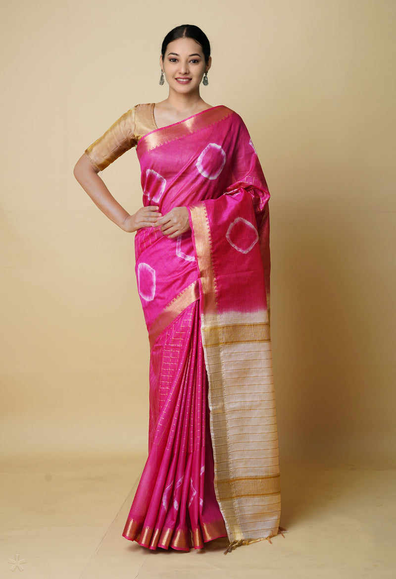 Pink-Cream  Dyed Printed And Zari Weaving Checks Mangalagiri Sico Saree-UNM73143