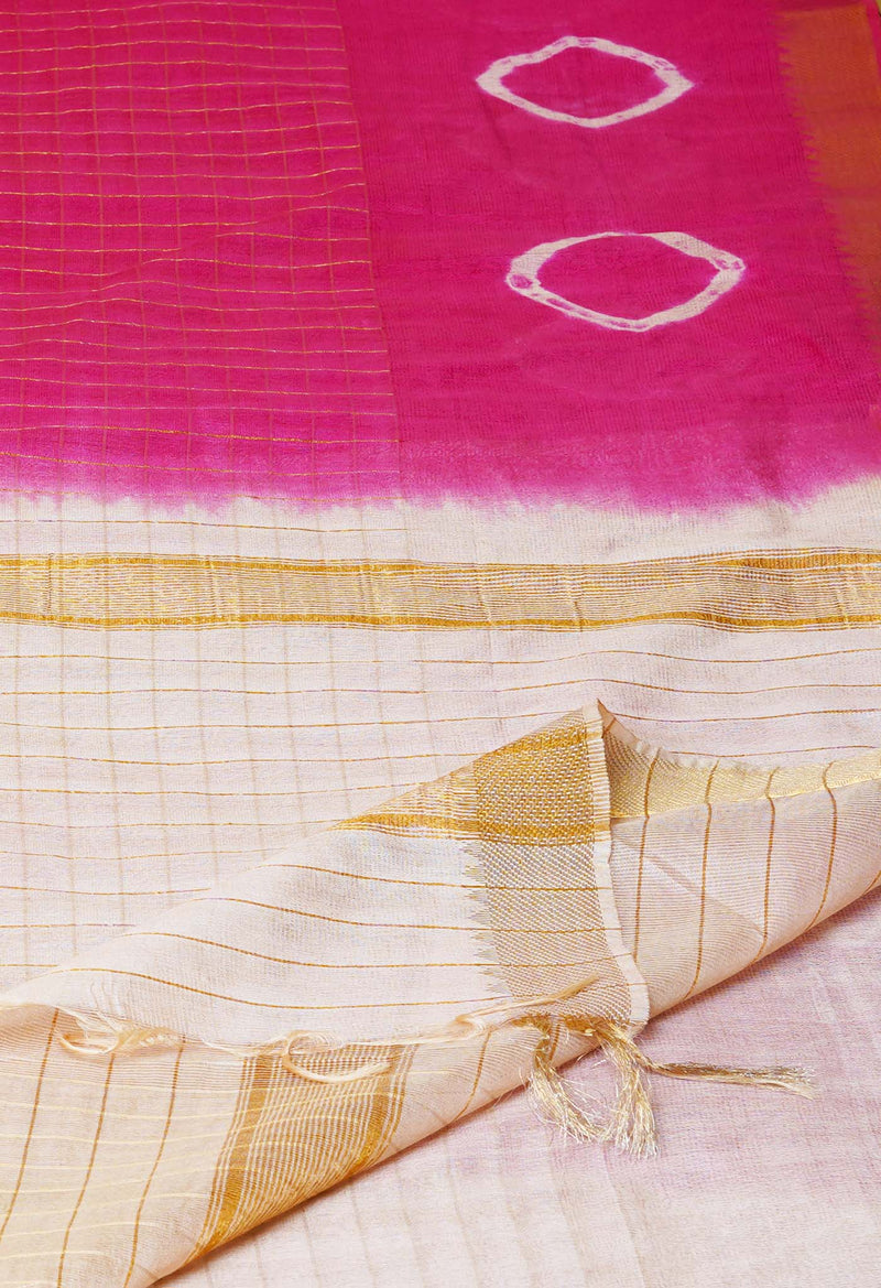 Pink-Cream  Dyed Printed And Zari Weaving Checks Mangalagiri Sico Saree-UNM73143