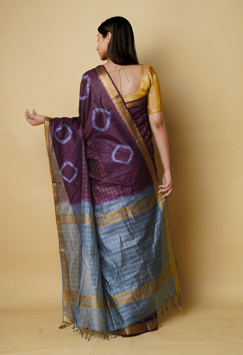 Dark Purple-Grey  Dyed Printed And Zari Weaving Checks Mangalagiri Sico Saree-UNM73144