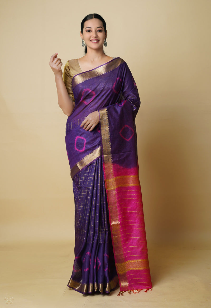 Dark Purple-Pink  Dyed Printed And Zari Weaving Checks Mangalagiri Sico Saree-UNM73145