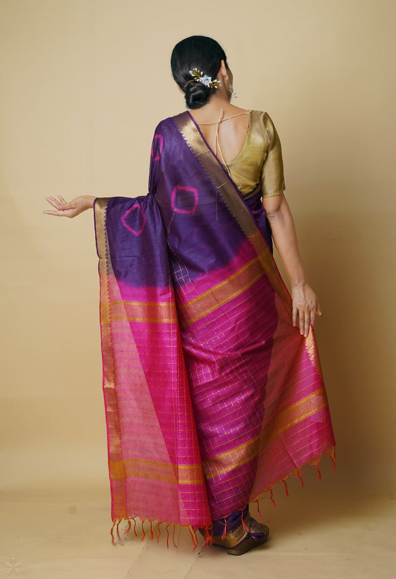 Dark Purple-Pink  Dyed Printed And Zari Weaving Checks Mangalagiri Sico Saree-UNM73145