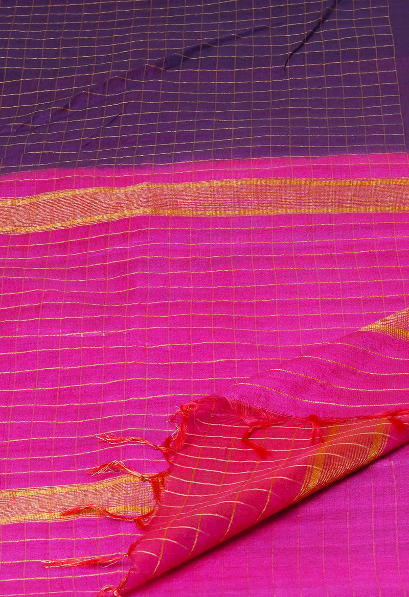 Dark Purple-Pink  Dyed Printed And Zari Weaving Checks Mangalagiri Sico Saree-UNM73145