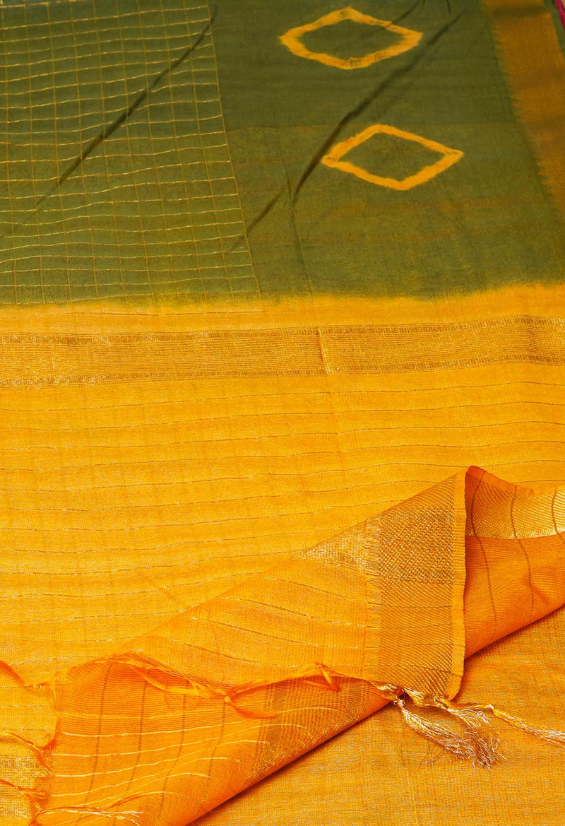 Olive Green-Orange  Dyed Printed And Zari Weaving Checks Mangalagiri Sico Saree-UNM73146