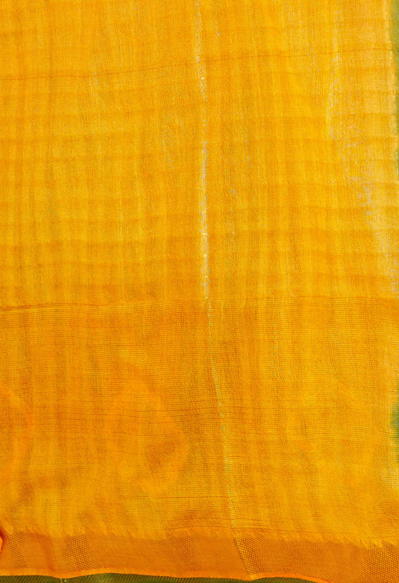 Olive Green-Orange  Dyed Printed And Zari Weaving Checks Mangalagiri Sico Saree-UNM73146