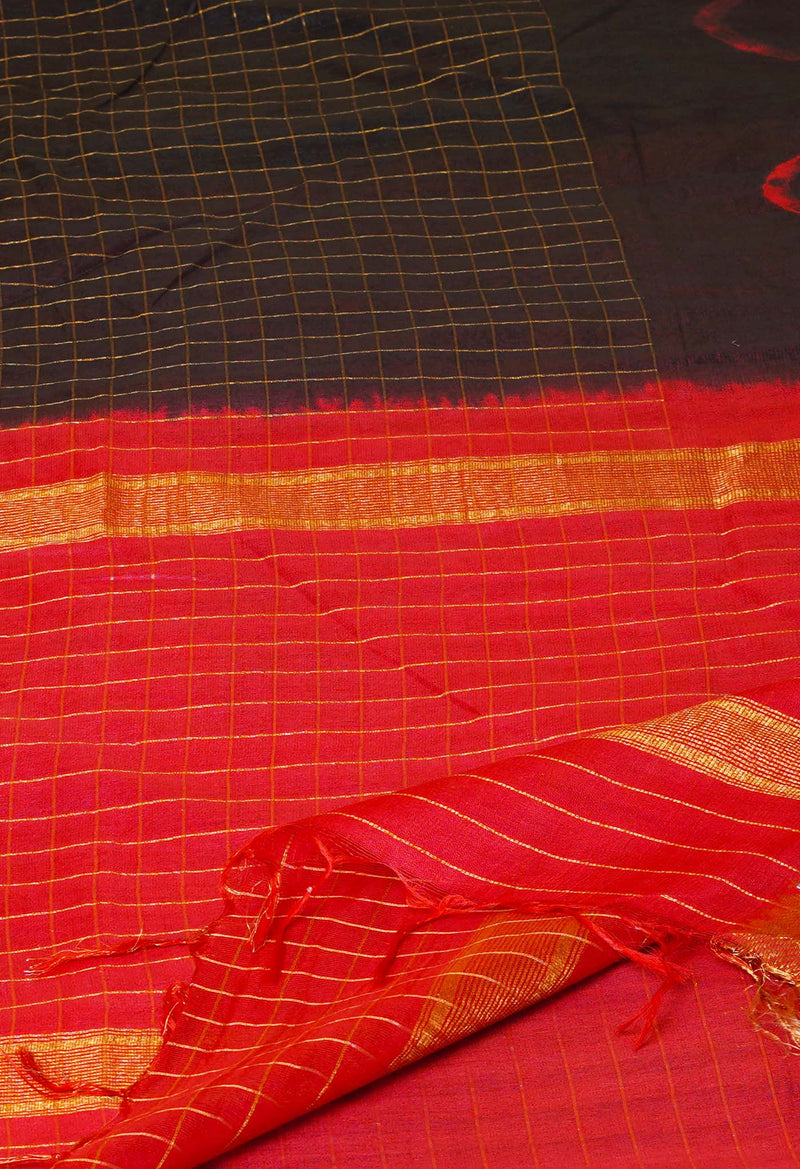 Black-Red  Dyed Printed And Zari Weaving Checks Mangalagiri Sico Saree-UNM73147