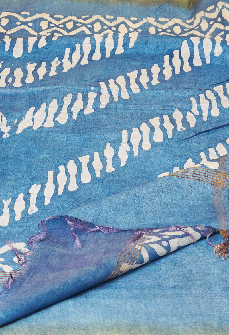 Cream-Blue  Batik Printed Chanderi Sico Saree-UNM73149