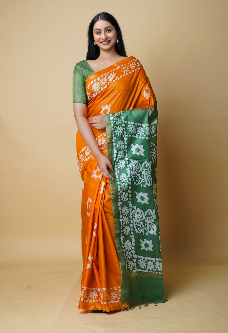 Orange-Green  Batik Printed Chanderi Sico Saree-UNM73150