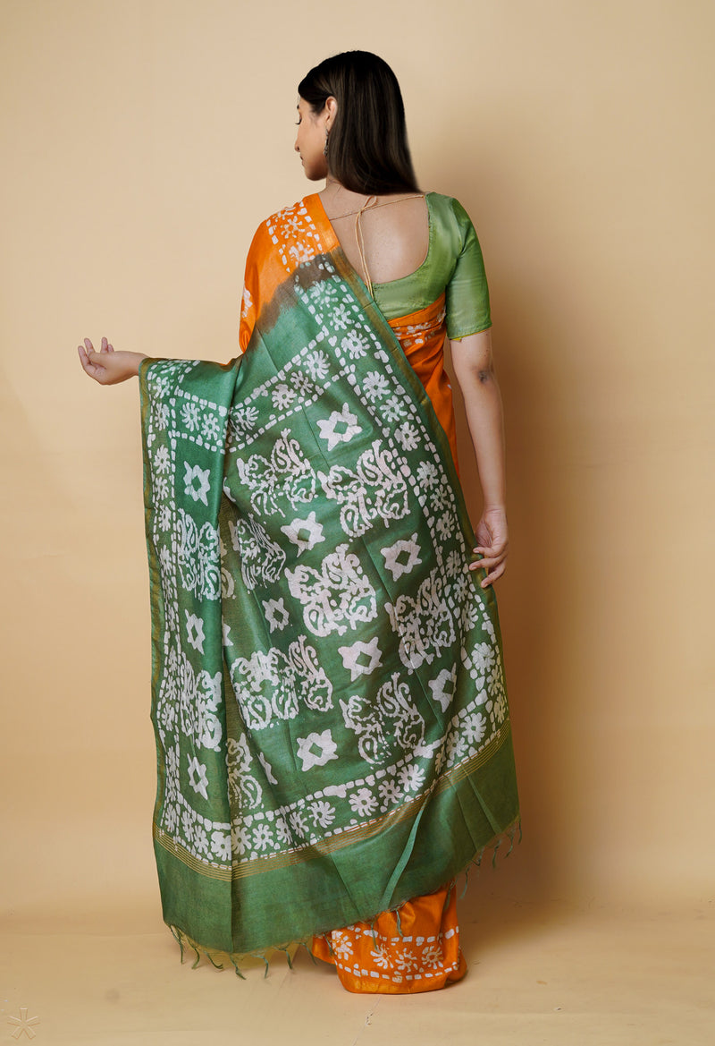 Orange-Green  Batik Printed Chanderi Sico Saree-UNM73150